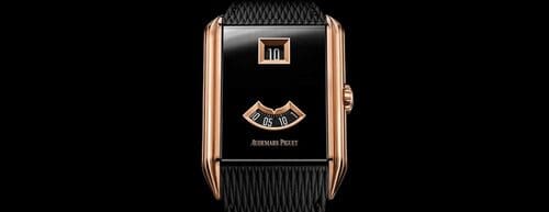 The New Audemars Piguet Neo Frame Jumping Hour Watch Pictured Showing the Black and Rose Gold Face Showing the Date and Time 